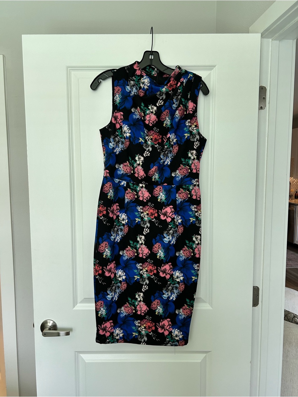 Black Halo Black Midi Sheath Dress with Blue & Pink Floral Print